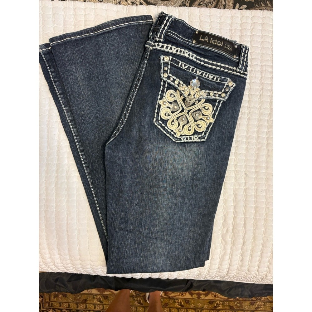 LA Idol USA Bootcut Jeans With Rhinestone And Embroidery, Size 13, 35-33, Bling